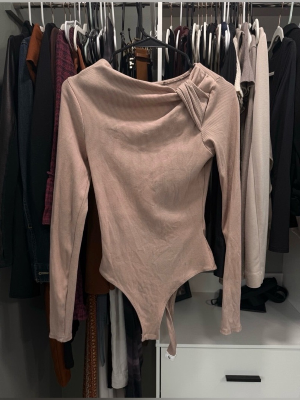 Lulus Always My Best Taupe Ribbed Asymmetrical Long Sleeve Bodysuit Med - Picture 5 of 5